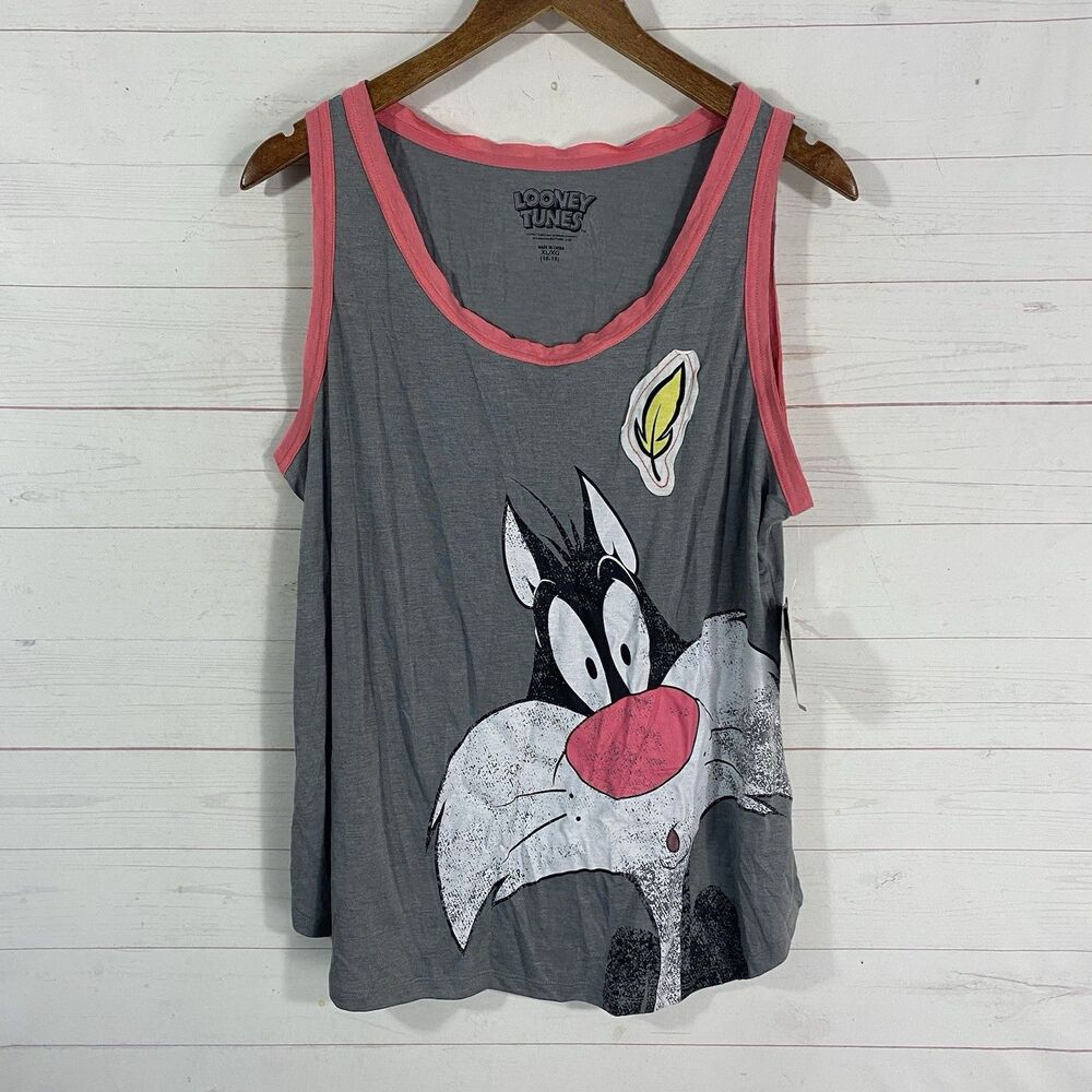 Looney Tunes Womens Sleep Tank Top XL Gray Sylvester Pullover New